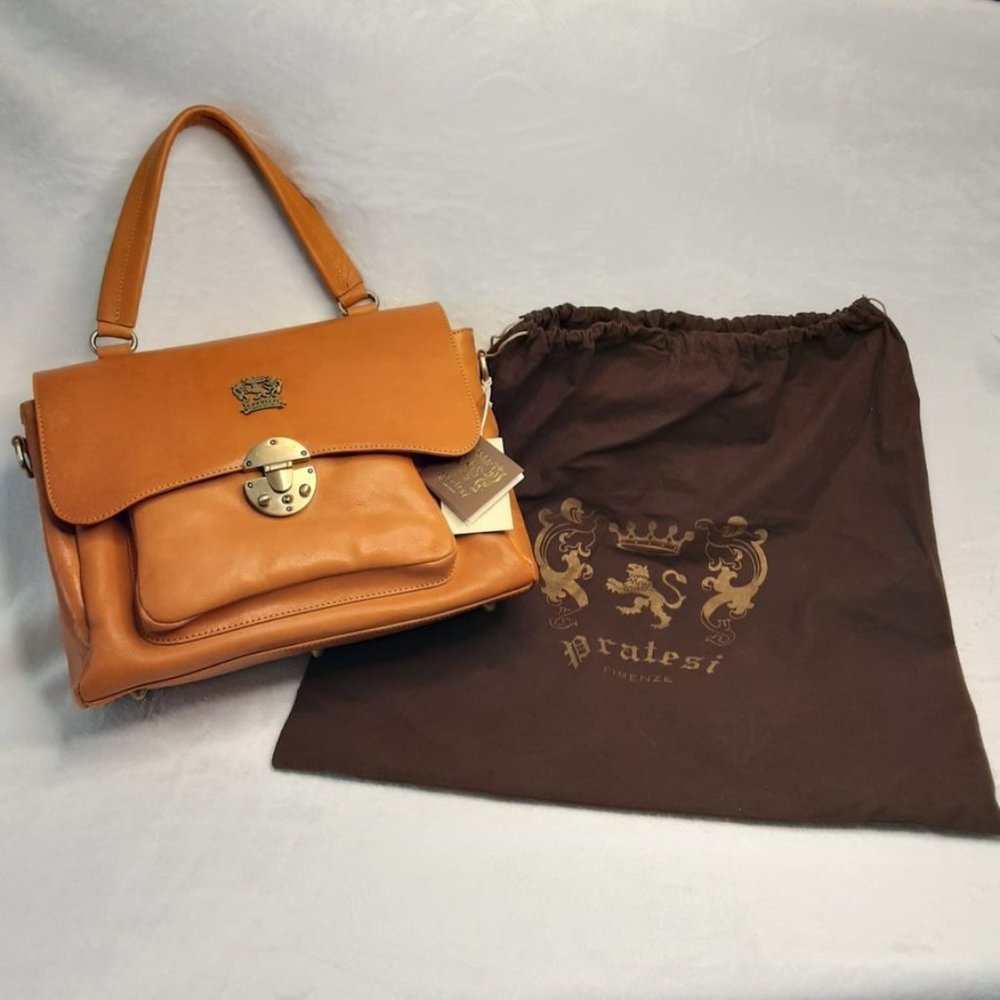 NWT - PRATESI FIRENZE Cognac Leather Top Handle Satchel & Crossbody